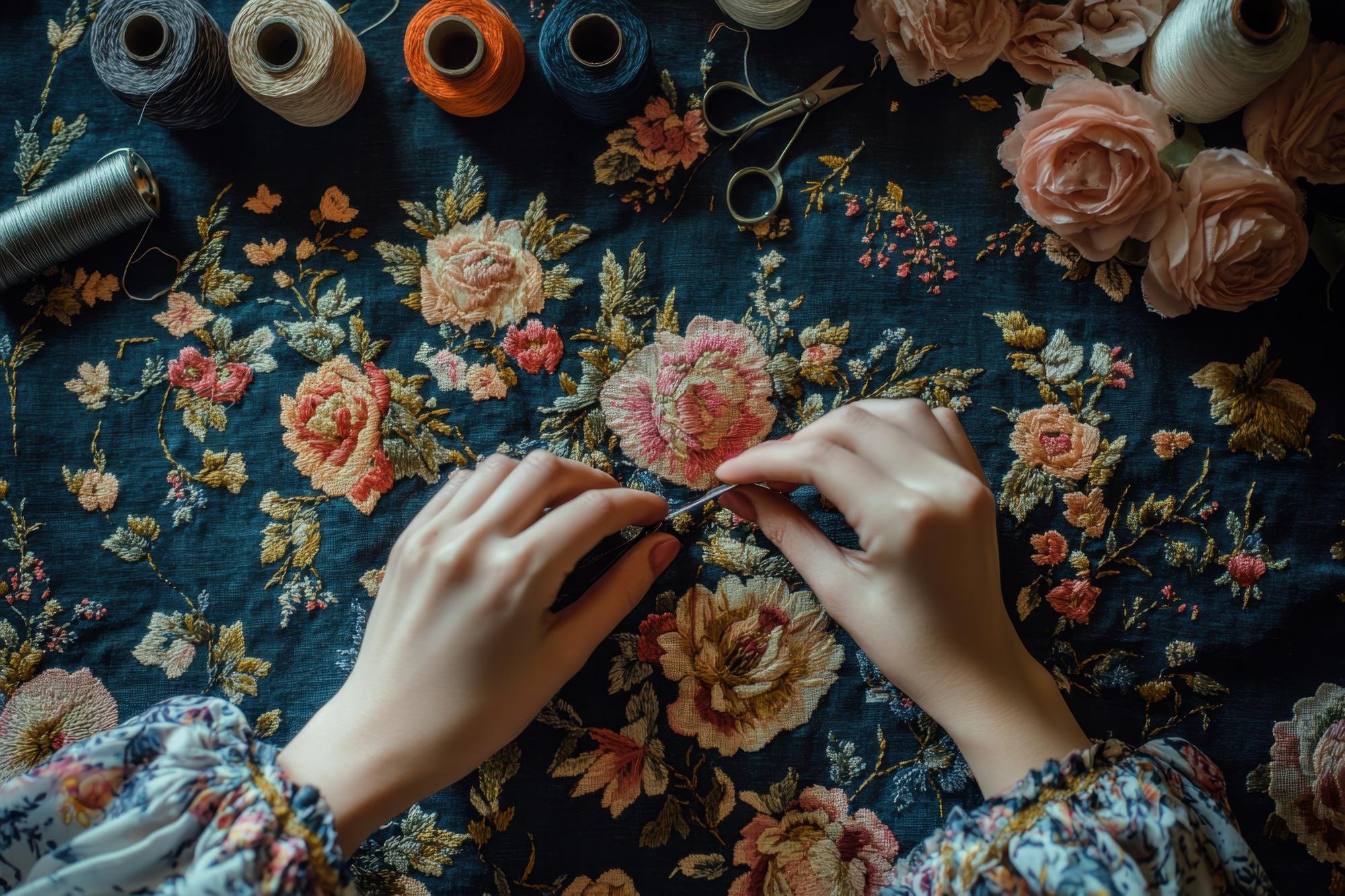 Artisan hands stitching a floral pattern