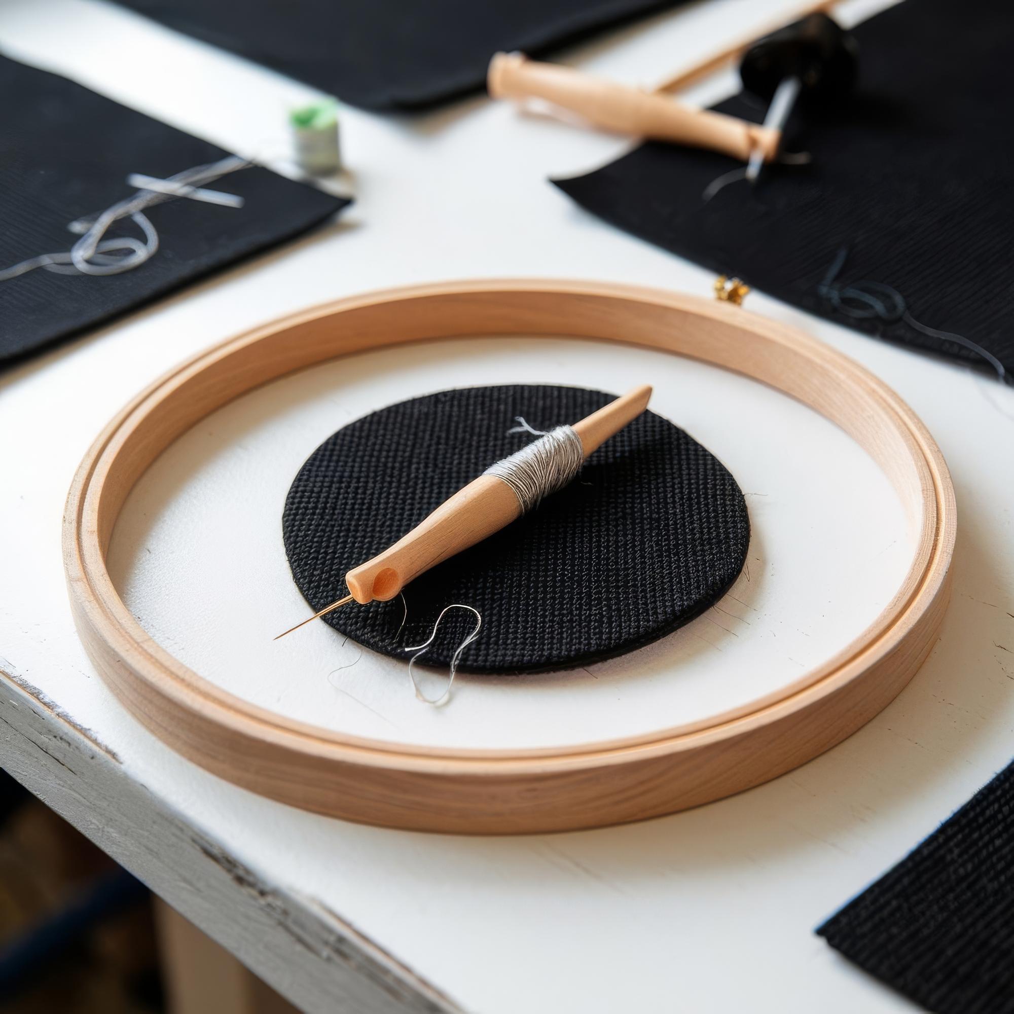 Workshop table with threads and sample badges
